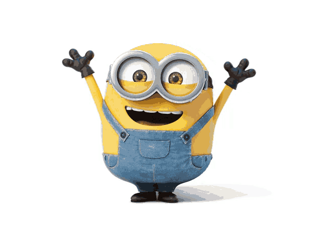 a yellow minion with overalls and goggles is jumping in the air