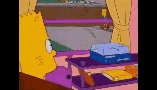 bart simpson is looking out a window with a box on a shelf in the background