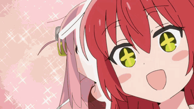 a girl with red hair and green eyes has a cross on her eyes