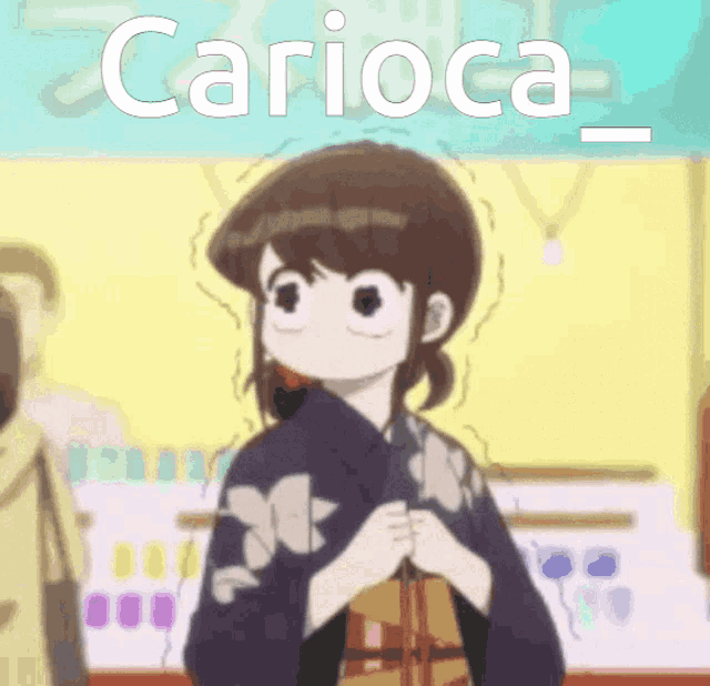 a girl in a kimono is standing in front of a sign that says " carioca "