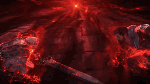 a person in armor is holding a sword that is on fire