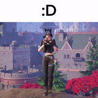 a woman with a cat on her head is standing in front of a castle holding a gun ..