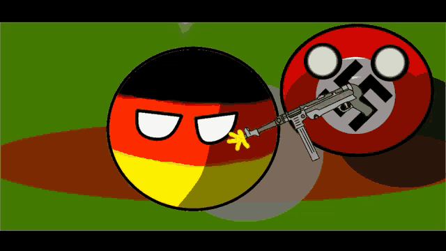 a cartoon drawing of a german ball holding a gun next to a nazi ball