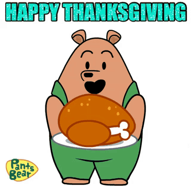 a cartoon of a bear holding a plate of food with the words happy thanksgiving above it