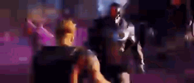 a cartoon character is standing next to another character in a video game .