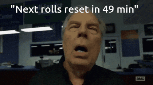 a man with his eyes closed and the words " next rolls reset in 49 min " above him