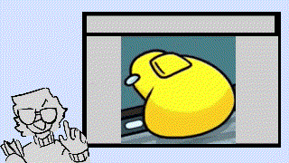 a cartoon character is standing next to a picture of a yellow sheep .