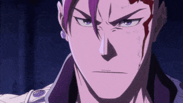 a close up of a man 's face with a purple hair