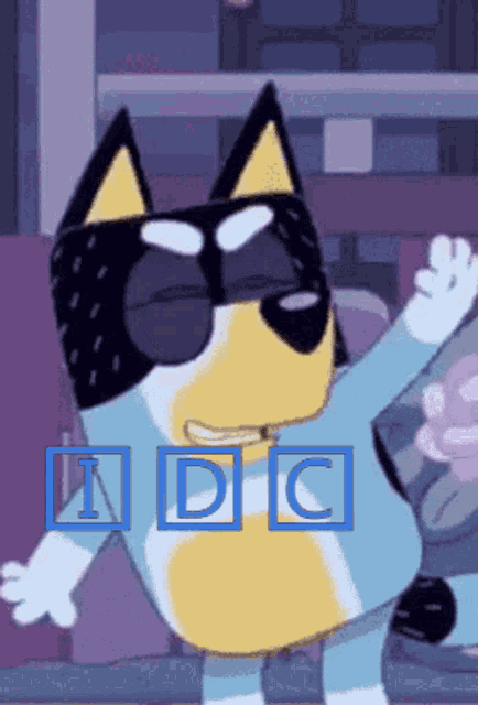 a cartoon dog wearing sunglasses and a blue shirt with the letters adc on the bottom
