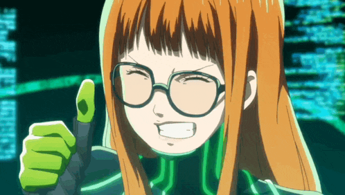 a girl with glasses and a green glove is giving a thumbs up