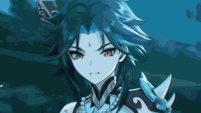 a close up of a blue haired anime character with a sword .