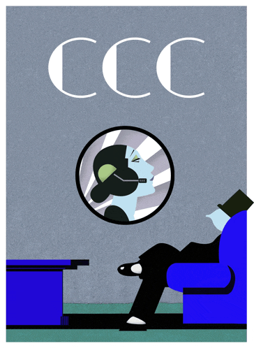 a poster for ccc shows a woman sitting in a blue chair
