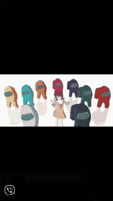 a girl is surrounded by among us characters including a red one
