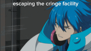 a picture of a blue haired anime character with the words escaping the cringe facility above him