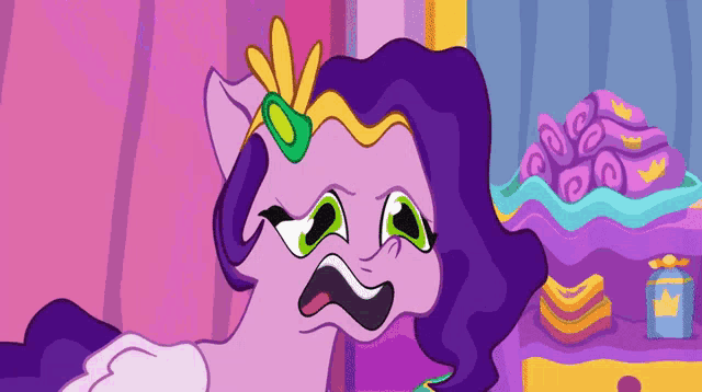 a cartoon drawing of a purple pony with a green flower in her hair