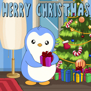 a penguin holding a gift in front of a christmas tree with the words merry christmas written above it