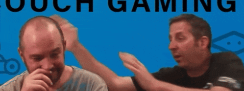 a blue background with two men and the words touch gaming