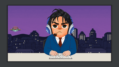 a cartoon illustration of a man wearing headphones and a tie