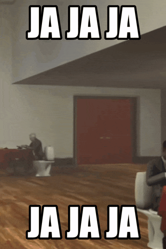 a man sits on a toilet in a room with the words ja ja ja in white letters