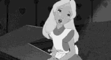 a black and white photo of alice from alice in wonderland crying .