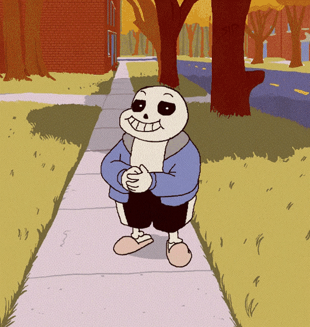 a cartoon of a skeleton standing on a sidewalk