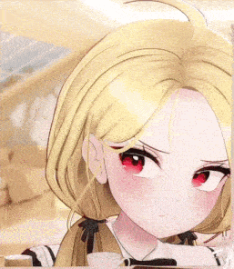 a cartoon girl with blonde hair and red eyes looks angry