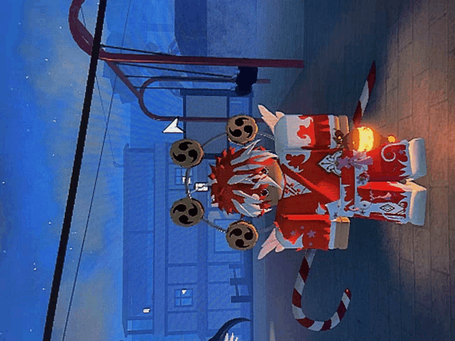 a person in a red and white outfit with a candy cane and a candle