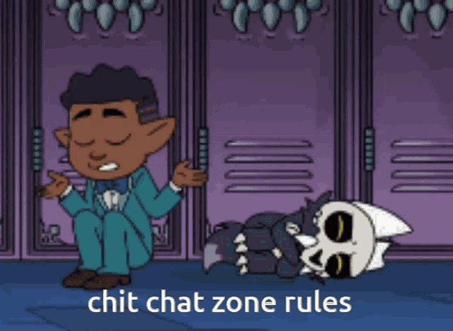 a cartoon of a boy sitting next to a cat that says " chit chat zone rules " on the bottom