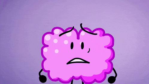 a cartoon drawing of a pink cloud with a sad face on a purple background