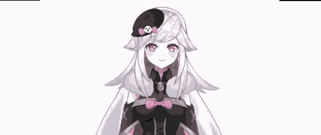 a girl with long white hair is wearing a hat with a skull on it