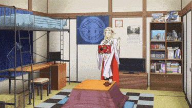 a woman in a red robe is standing in a room with a calendar on the wall that says ' october '