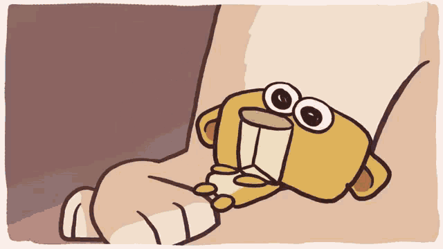 a cartoon drawing of a person holding a stuffed animal with big eyes
