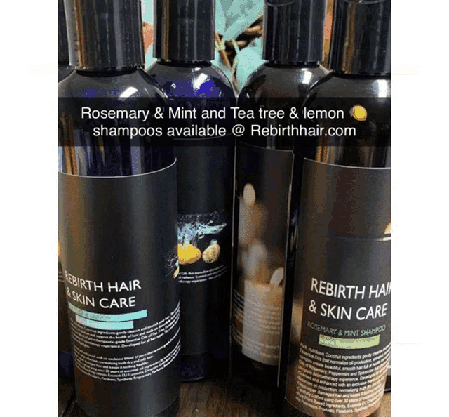 bottles of rosemary mint and tea tree and lemon shampoos