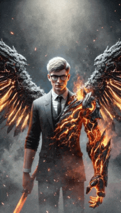 a man in a suit and tie with flaming wings