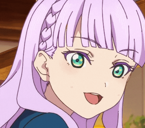 a close up of a girl with purple hair and blue eyes