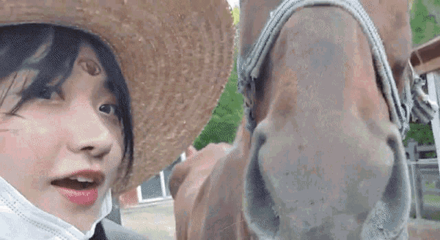 a woman wearing a straw hat is standing next to a horse .