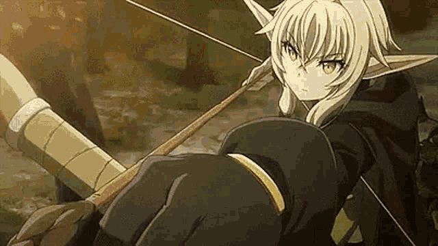 a girl with elf ears is holding a bow and arrow in a forest .
