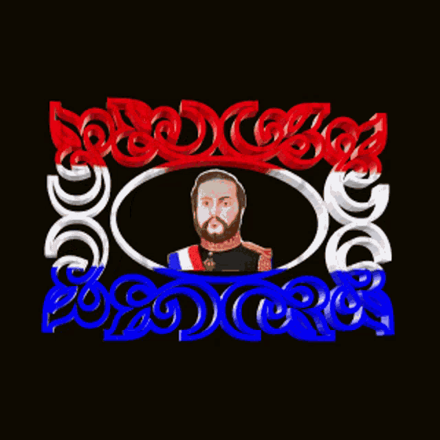 a picture of a man with a beard is surrounded by red white and blue lettering