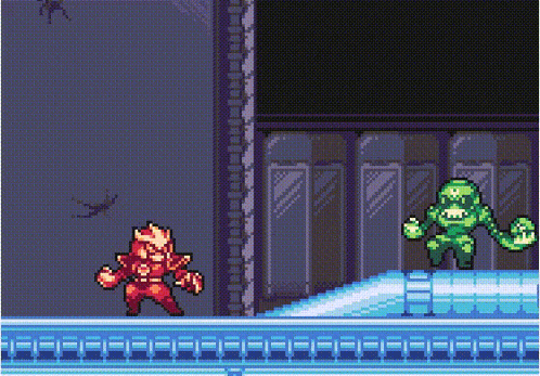 a pixel art of a green monster and a red monster