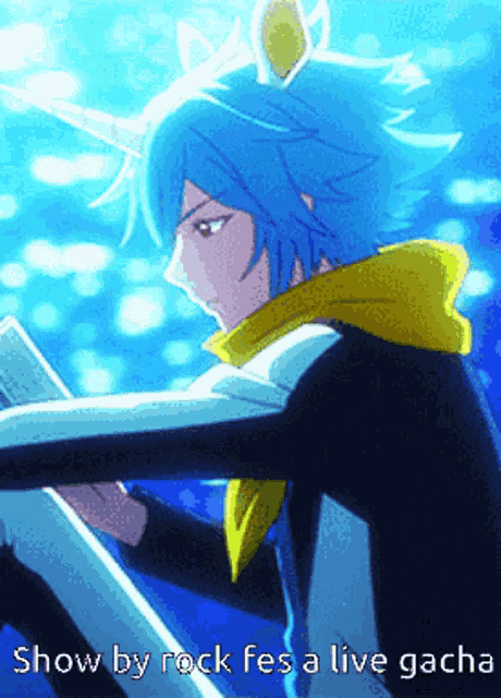 a blue haired anime character with the words show by rock fes a live gacha at the bottom