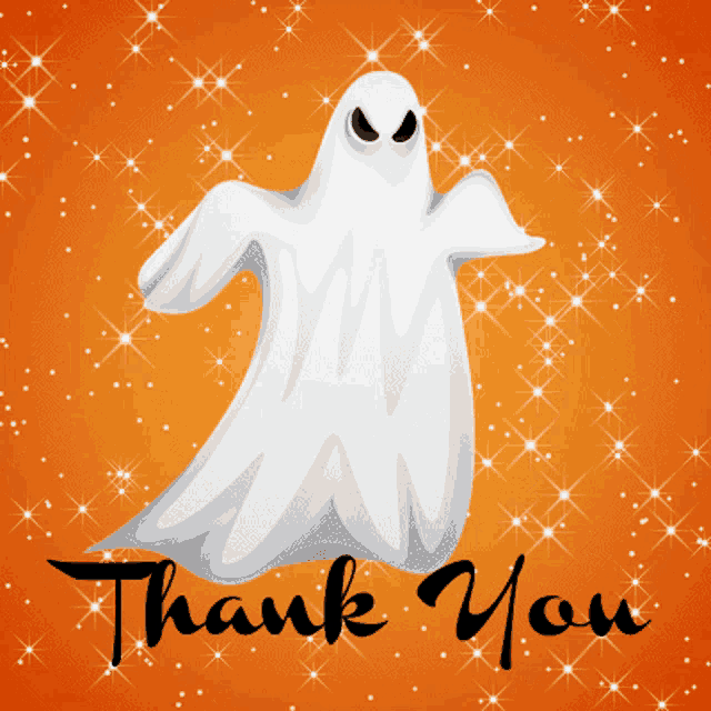 a white ghost on an orange background with the words thank you below it