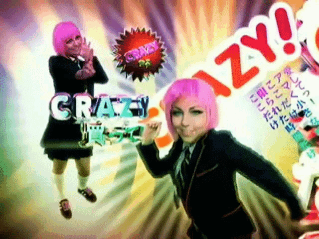 a girl with pink hair is dancing in front of a sign that says crazy on it
