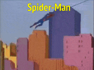 a cartoon of spider-man is flying through the air over a city