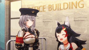 two anime characters are standing in front of a sign that says office building