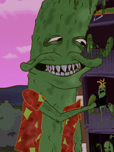 a cartoon drawing of a green cactus with a red shirt