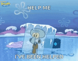 squidward from spongebob squarepants is trapped in a block of ice and asking for help .