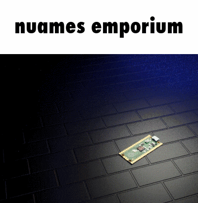 a computer chip is laying on a brick floor with the words nuames emporium above it