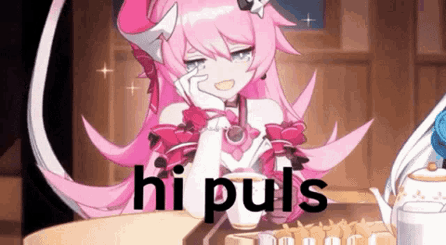 a pink haired anime girl is sitting at a table with a cup of tea and the words `` hi puls '' written on the screen .