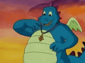 a cartoon dragon is wearing a necklace with a star in it 's mouth .