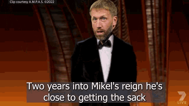 a man in a tuxedo says two years into mikel 's reign he is close to getting the sack